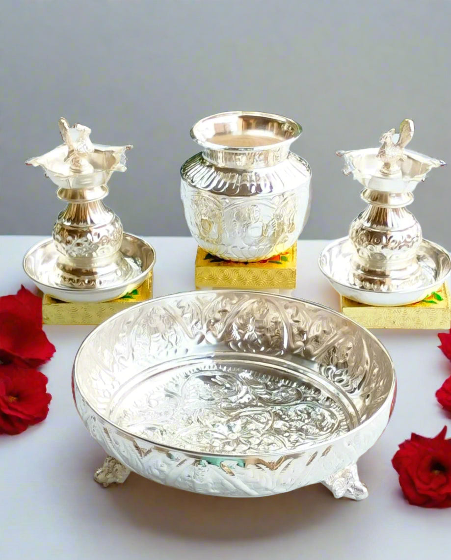 German Silver Ashta Laxmi Plate Combo for Housewarming Pooja thali Set